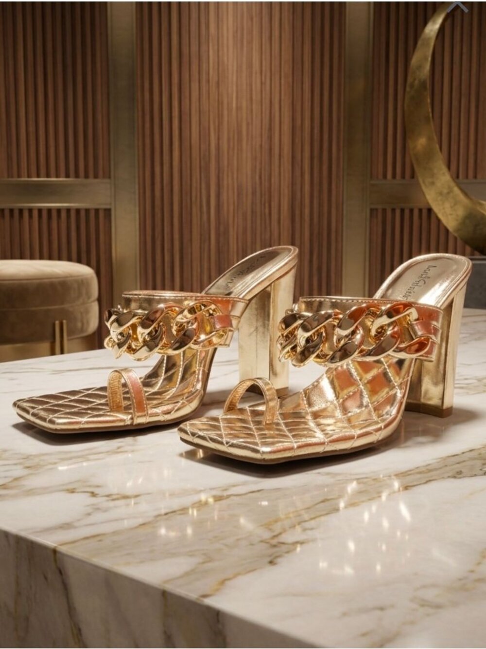 Gold Block Heel Chain Quilted Open Toe Mules For Women By Lovmark